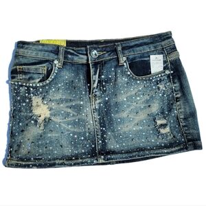 Machine denim mini skirt with rhinestones